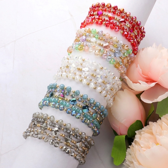 Clear Faceted Beaded 5 Piece Stacked MultiLayered Stretch Bracelets Jewelry - Picture 4 of 4